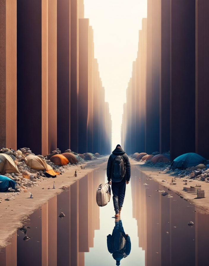 Urban scene: Person walking between tall buildings and tents, reflected in a puddle