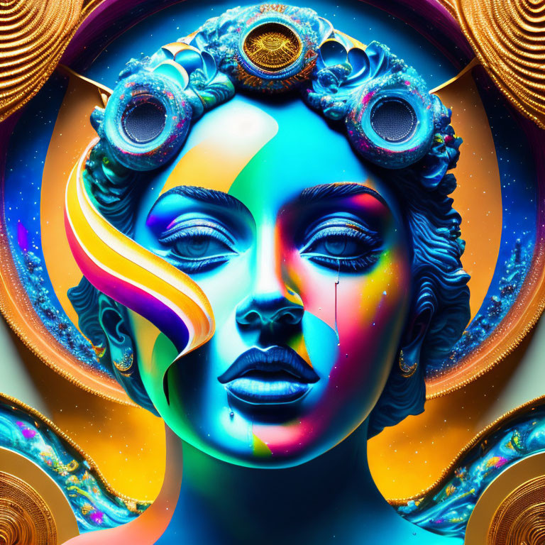 Colorful surreal portrait: Woman with blue skin, multicolored hair, gold headdress, and