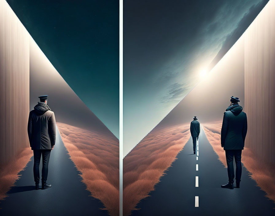 Surreal split setting with man in uniform on divided road