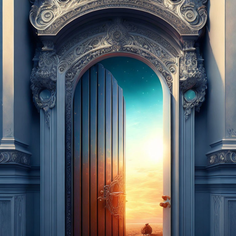 Ornate doorway revealing sunset-sunrise sky blending day and night