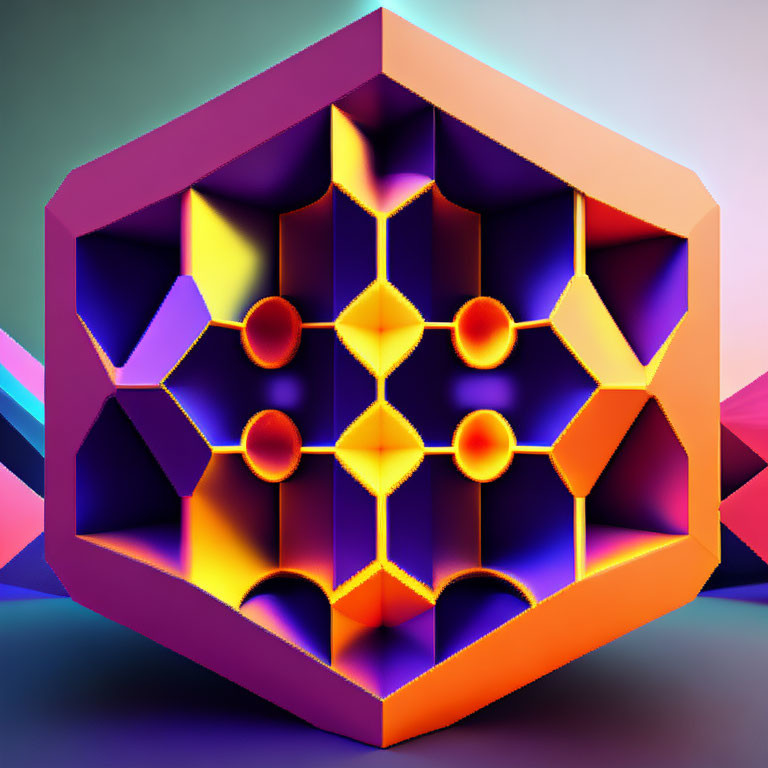 Colorful 3D hexagonal structure with purple, yellow, and orange geometric pattern