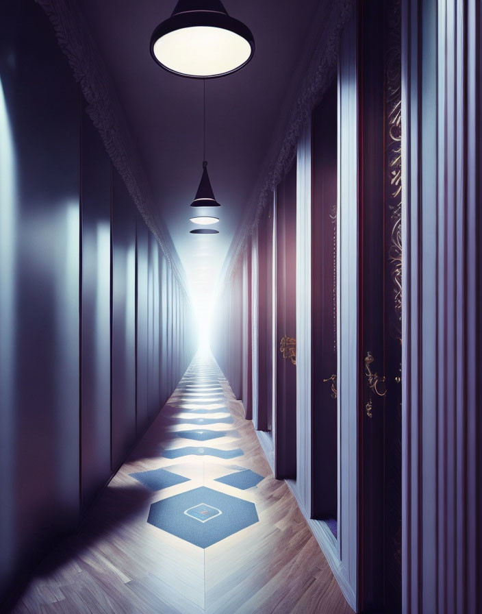 Decorative narrow corridor with pendant light, doors, and sunlight.