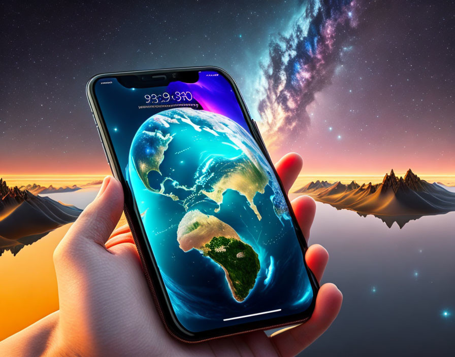 Smartphone displaying Earth against cosmic backdrop