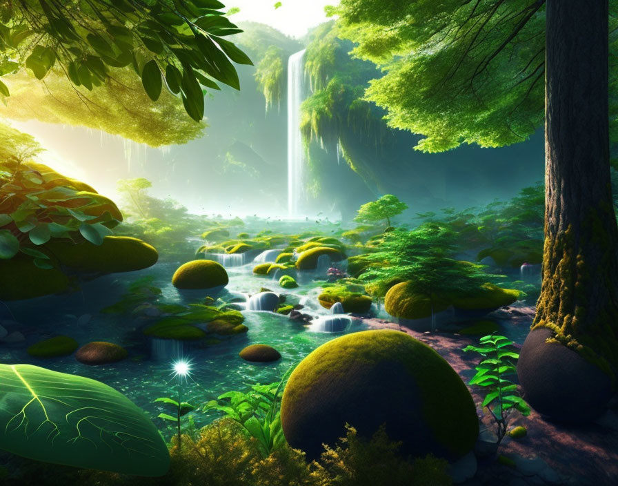 Tranquil forest scene with waterfall, mossy stones, lush greenery, vibrant foliage, and