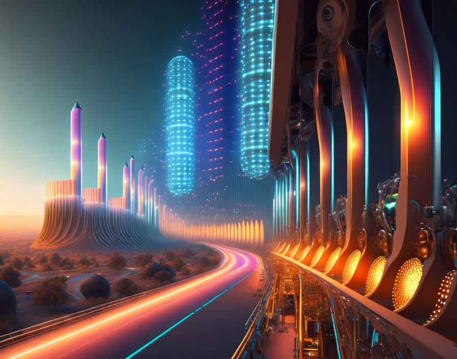 Neon-lit futuristic cityscape with high-rise buildings and glowing highway.