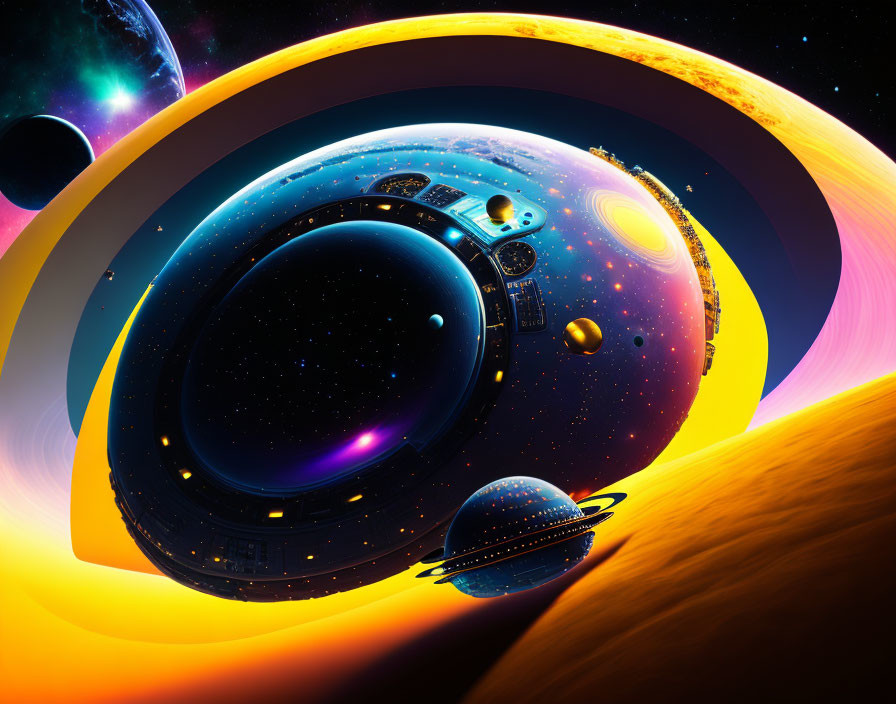 Futuristic spaceship orbiting planet in vibrant space scene