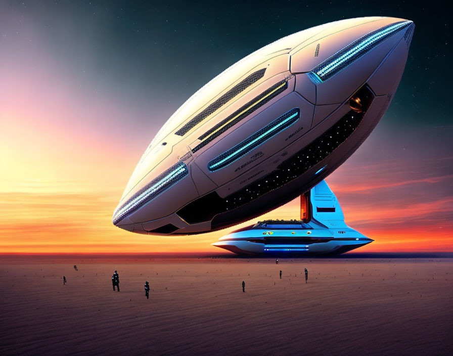 Futuristic spaceship over desert at sunset with silhouetted figures