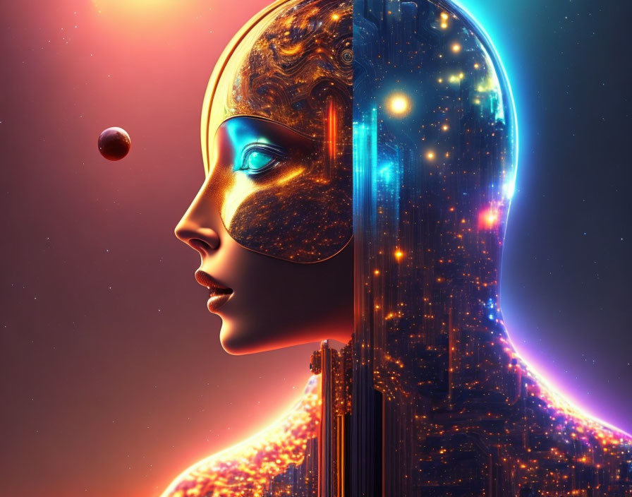 Female android digital artwork with cityscape and cosmic elements on starry backdrop