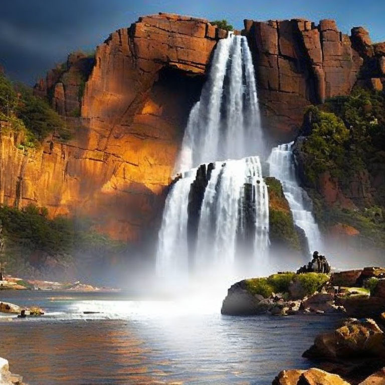 Scenic waterfall flowing over cliffs with mist and observers