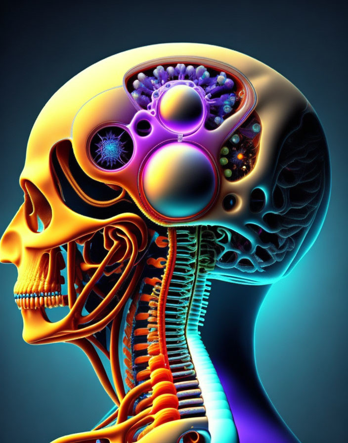 Vibrant human skull art with mechanical and organic fusion