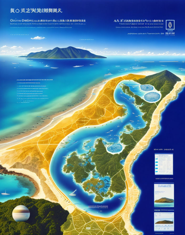 Detailed Coastal Map Poster with Japanese Text and Volcano, Islands, and Legends