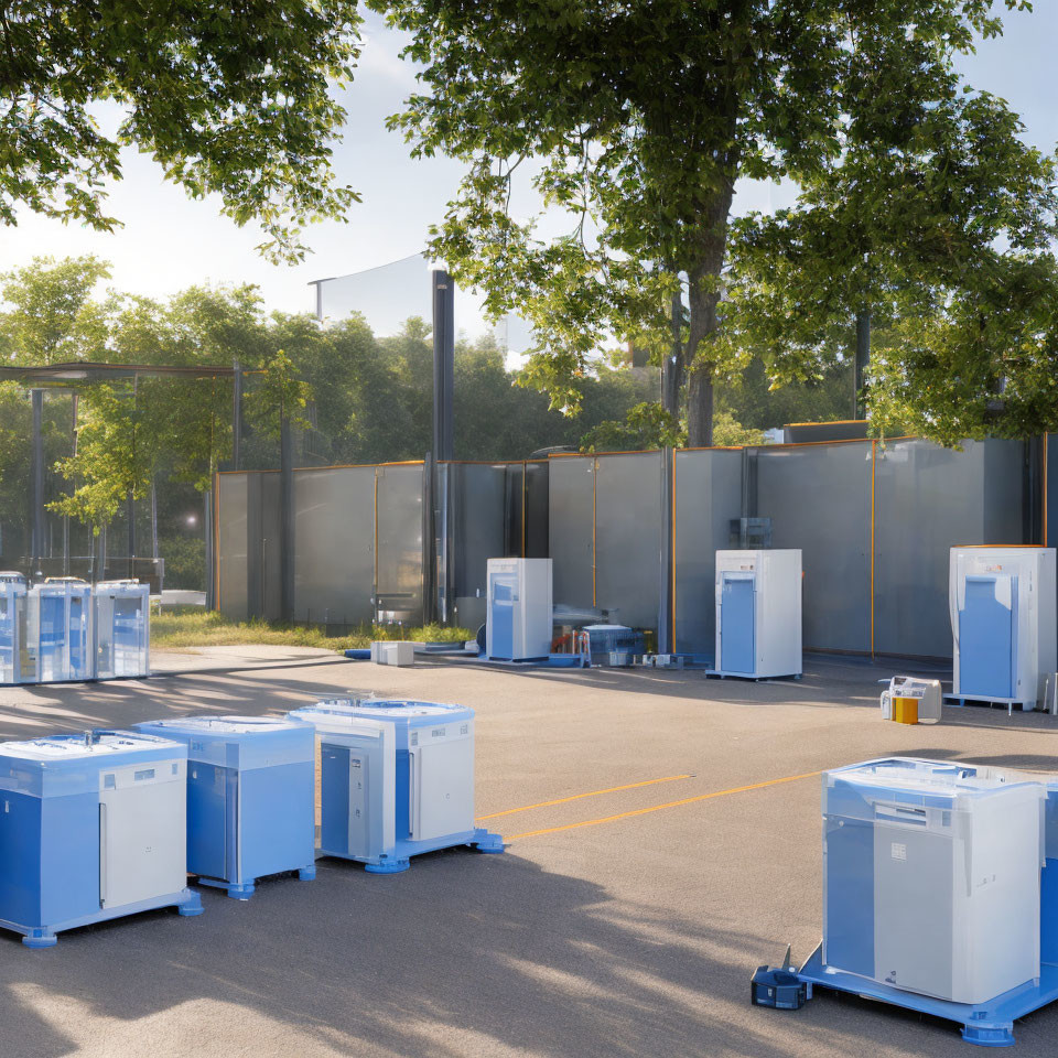 Industrial air purifiers in outdoor setting on tarmac with trees.