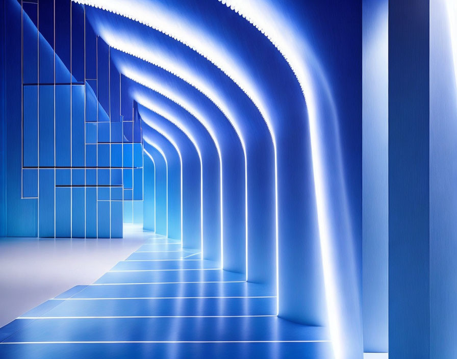 Futuristic blue corridor with illuminated arches and neon lighting