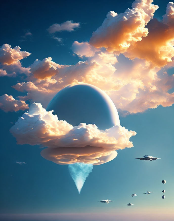 Giant planet-like object emitting conical plume in surreal sky