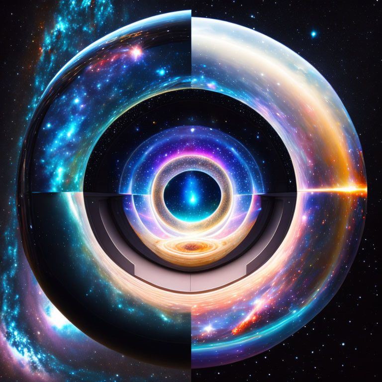 Celestial-themed digital artwork with concentric circles and vibrant cosmic scenery