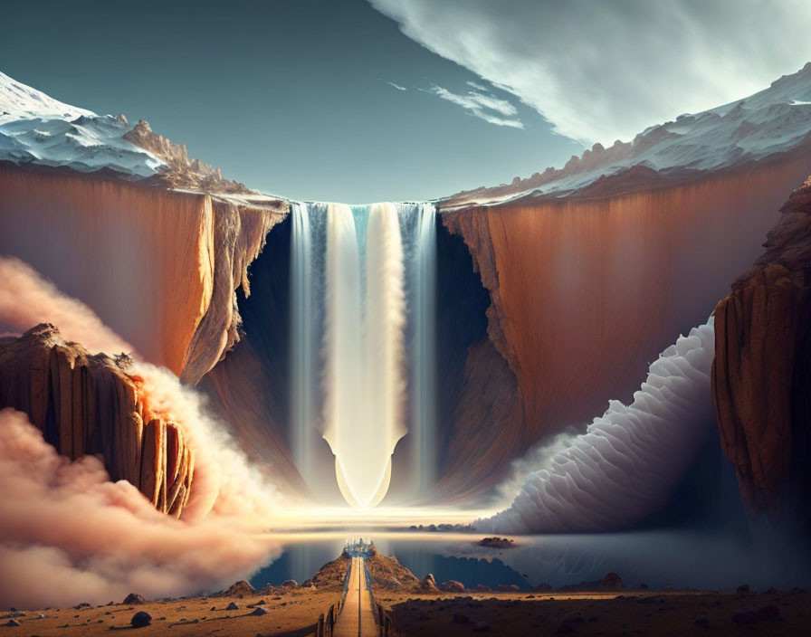 Surreal landscape with central waterfall, snow-capped peaks, and dramatic sky