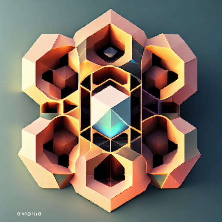 Geometric digital artwork: Interconnected warm hexagons with blue-tinted crystal