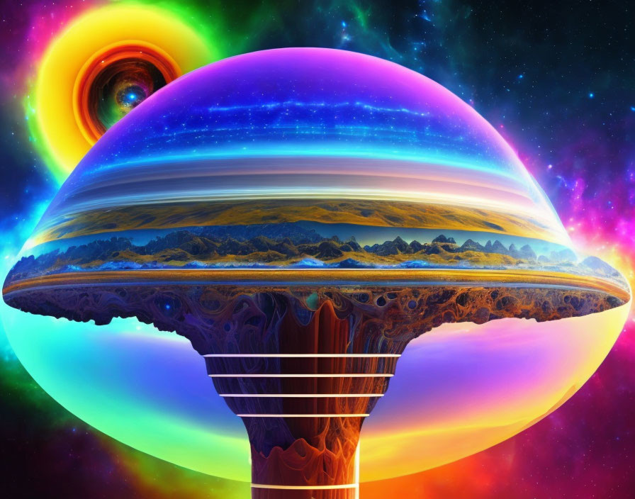 Colorful surreal artwork: colossal mushroom structure under nebula sky