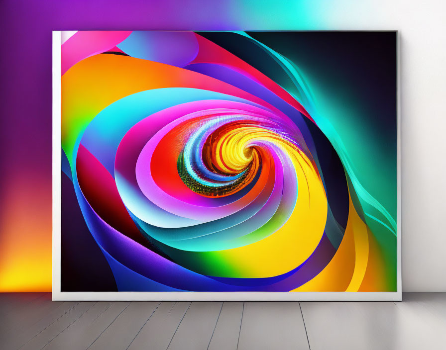 Colorful Swirling Vortex Art in White Frame on Lilac Wall