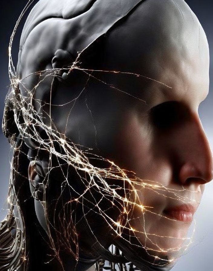 Humanoid with half human face, half circuit network - depiction of advanced AI