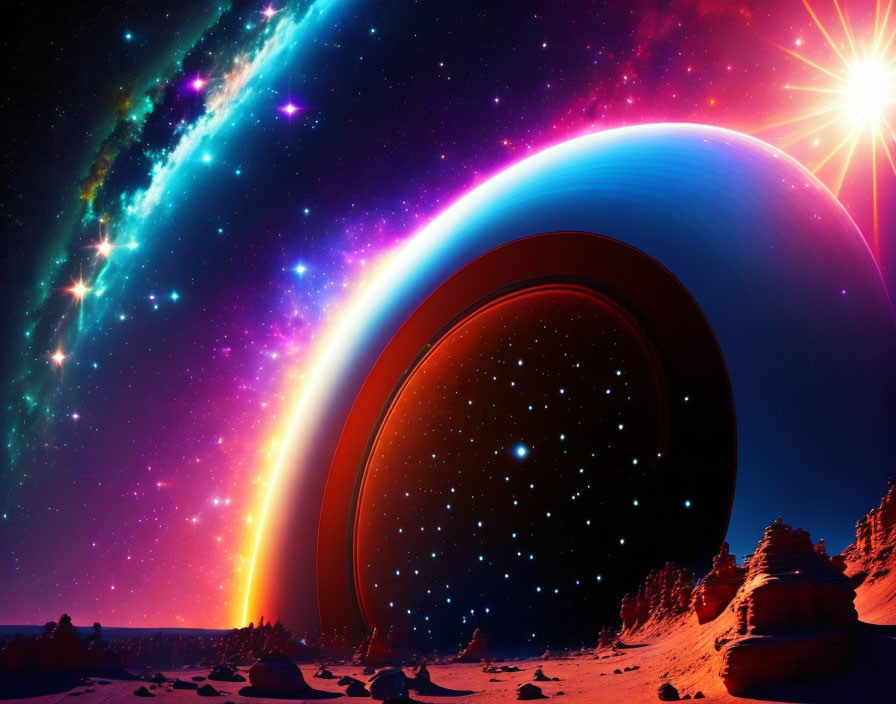 Surreal cosmic landscape with ringed planet and colorful nebula