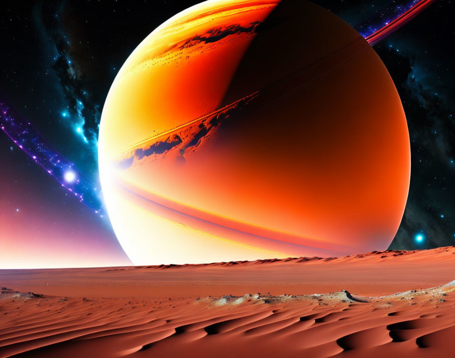 Alien planet desert landscape with orange gas giant