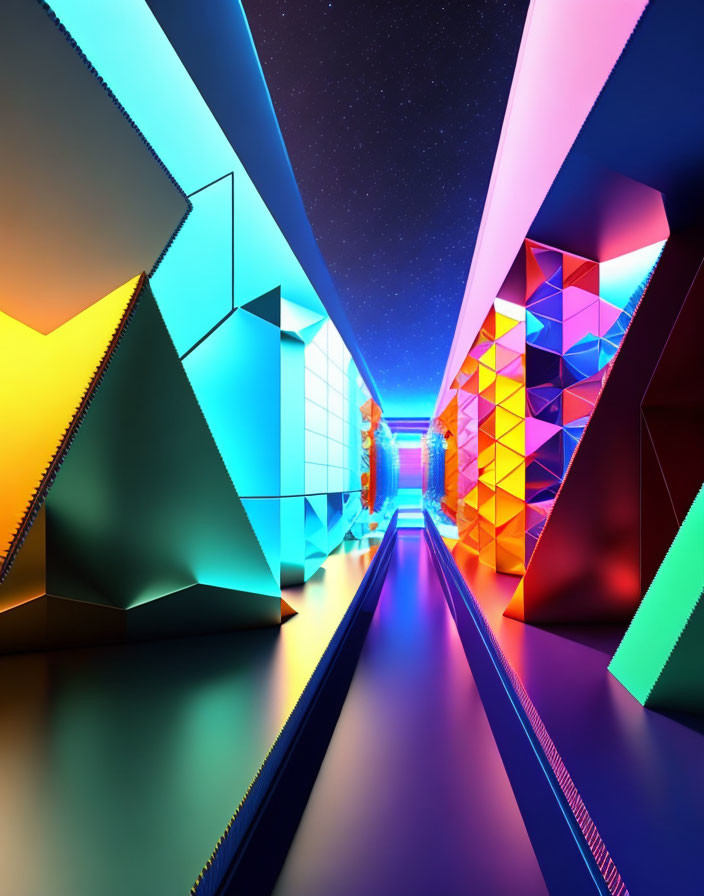 Colorful 3D digital art: Neon-lit corridor, geometric shapes, starry sky