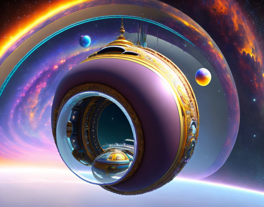 Surreal cosmic sphere with golden details in vibrant space.