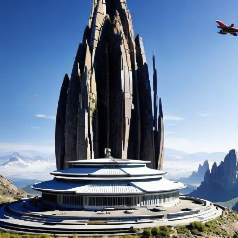 Futuristic multi-tiered building with central spire, mountains, and airplane.