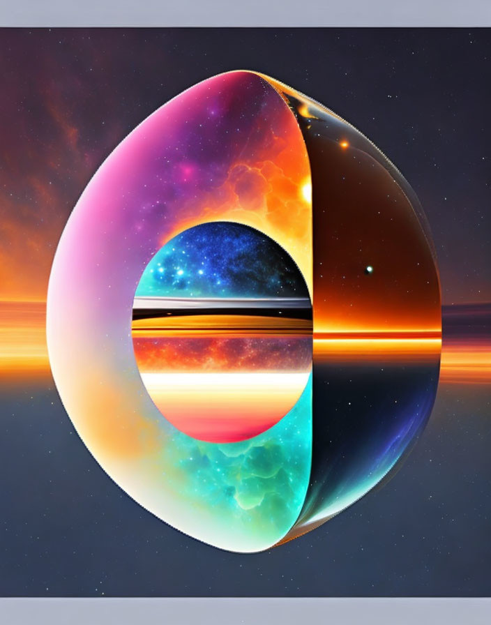 Abstract Twisted Circular Form with Cosmic and Sunset Themes