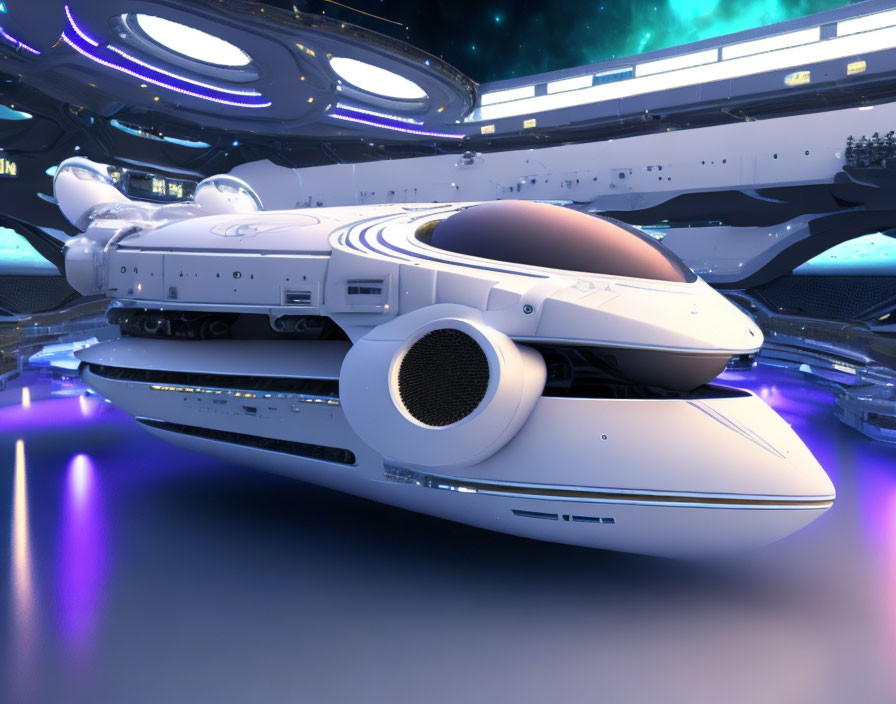 Sleek white and gray futuristic spaceship in spaceport with neon lights