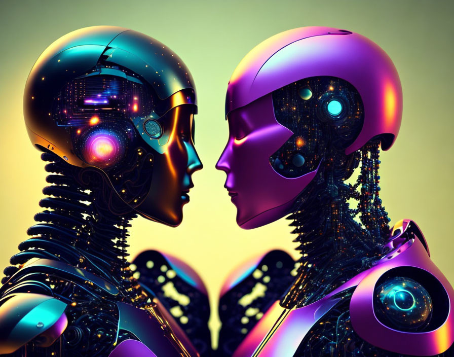 Detailed futuristic robots with human-like faces in profile on warm gradient background