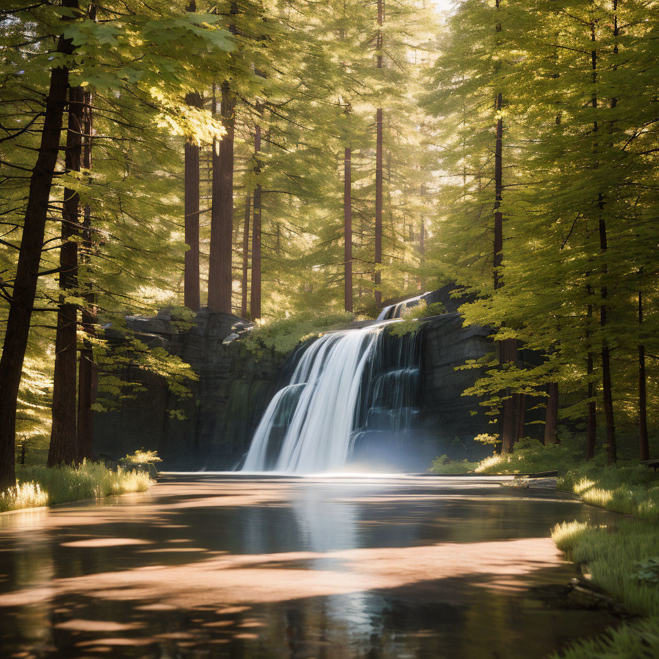 Tranquil waterfall in lush sunlit forest