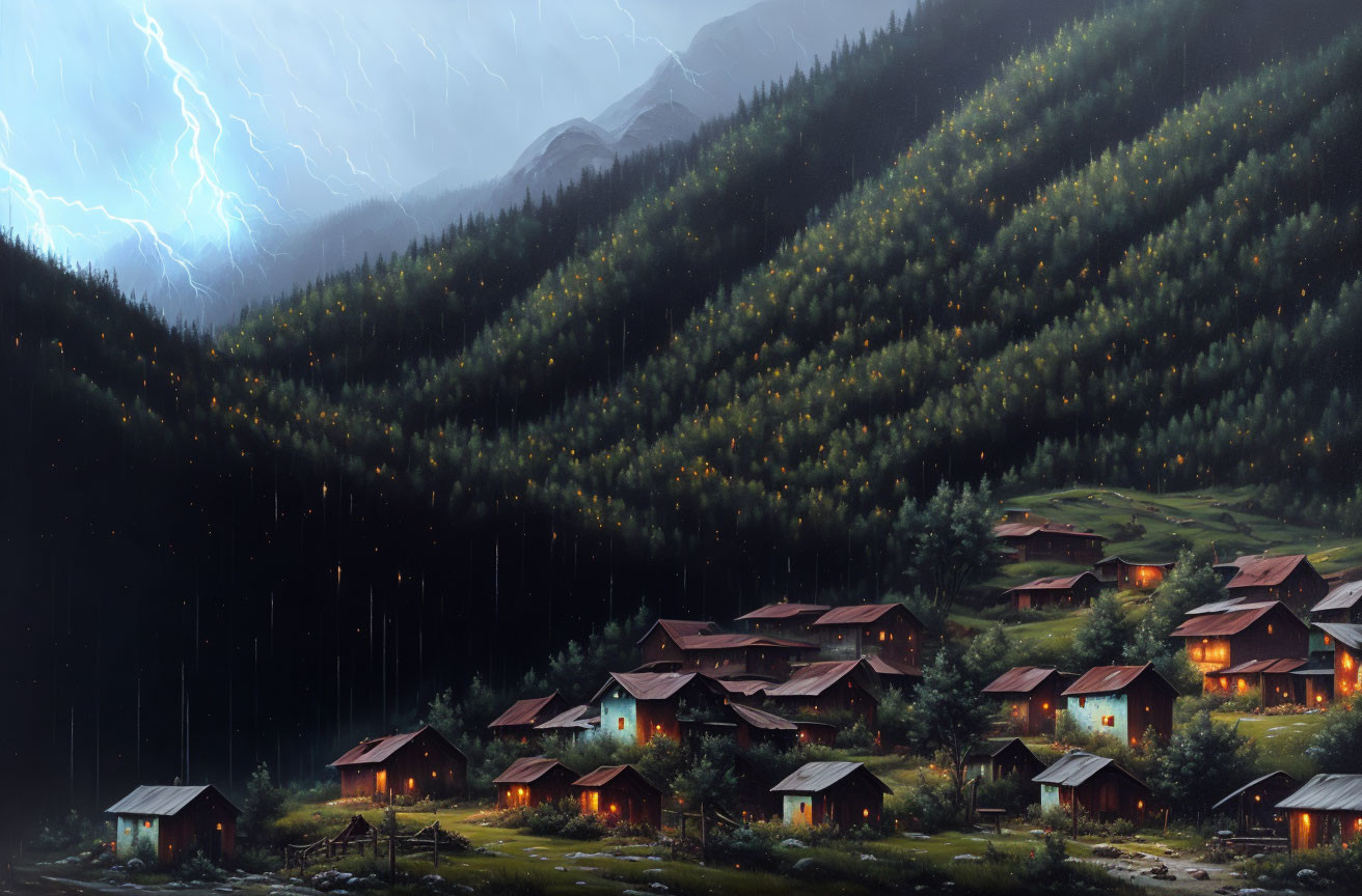 Mountain Village Night Scene with Illuminated Houses and Stormy Sky