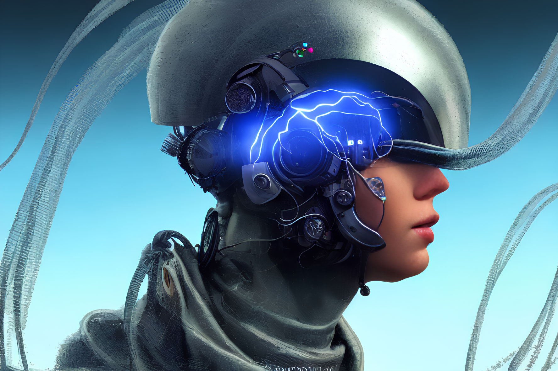 Futuristic digital artwork of person with glowing blue helmet on abstract blue background