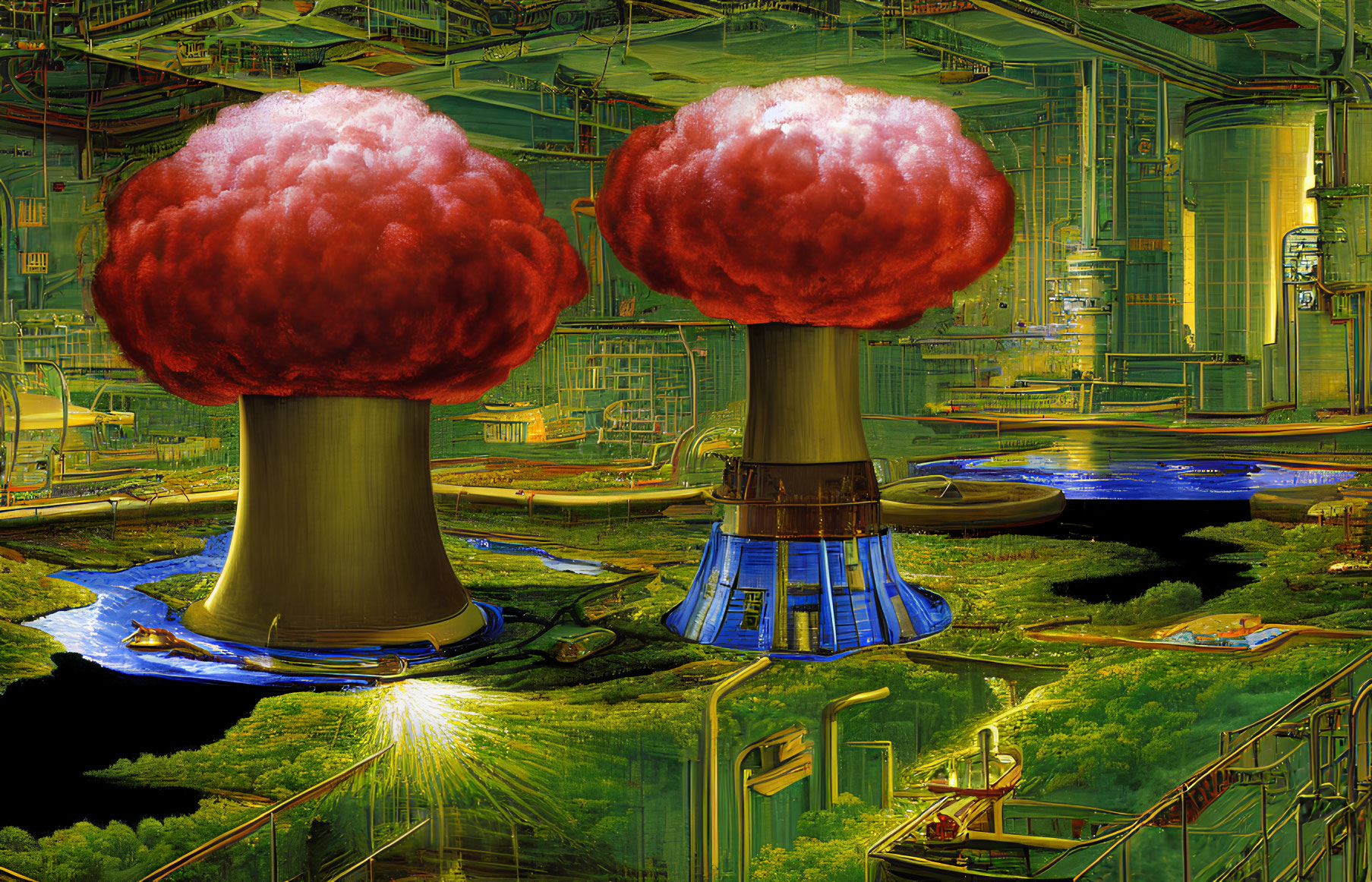 Industrial facility explosions with futuristic structures.