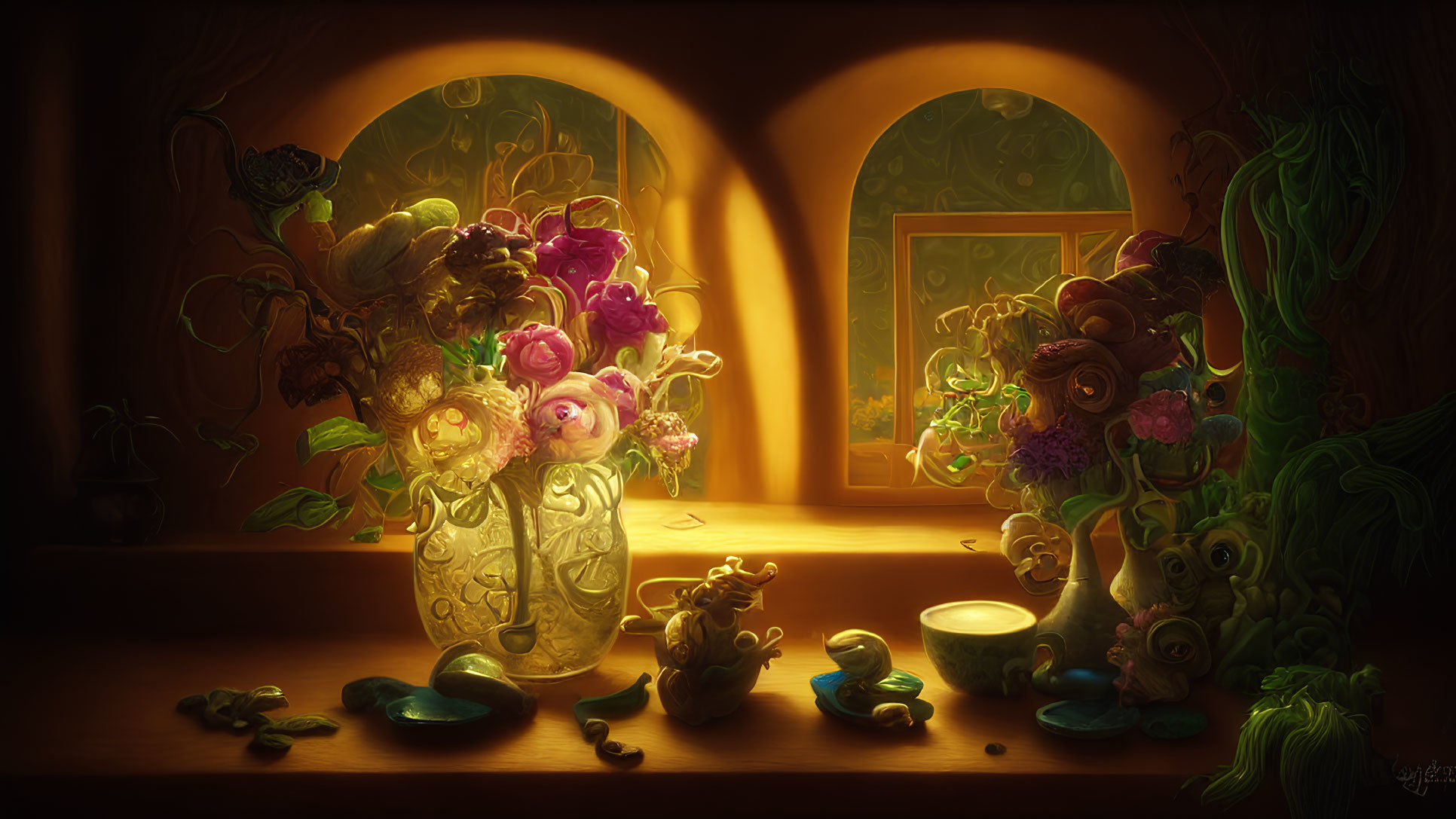 Moody still life with vibrant flowers and surreal peas