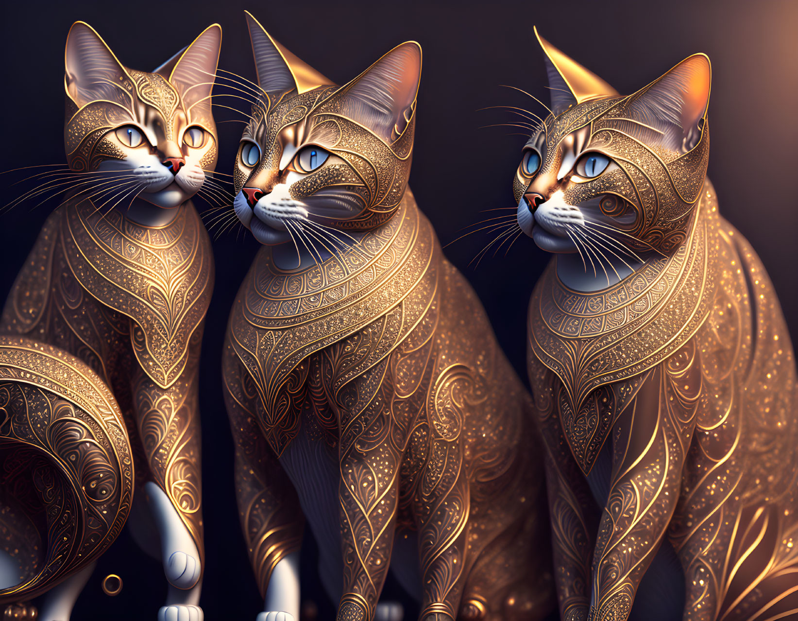 Three metallic-looking cats with intricate patterns on dark background