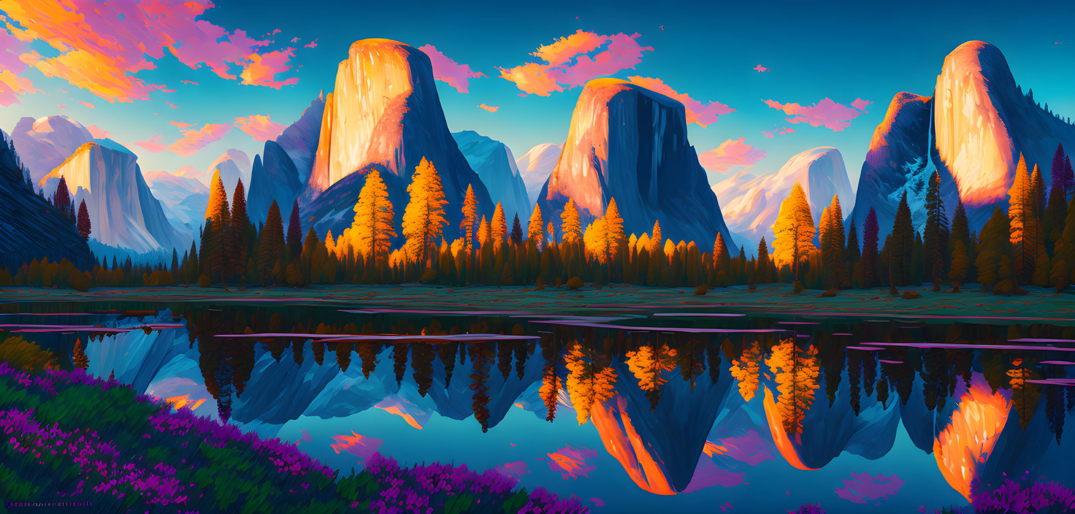 Illustrated landscape: Majestic mountains, glowing sunset reflection, serene lake, lush trees, purple wild