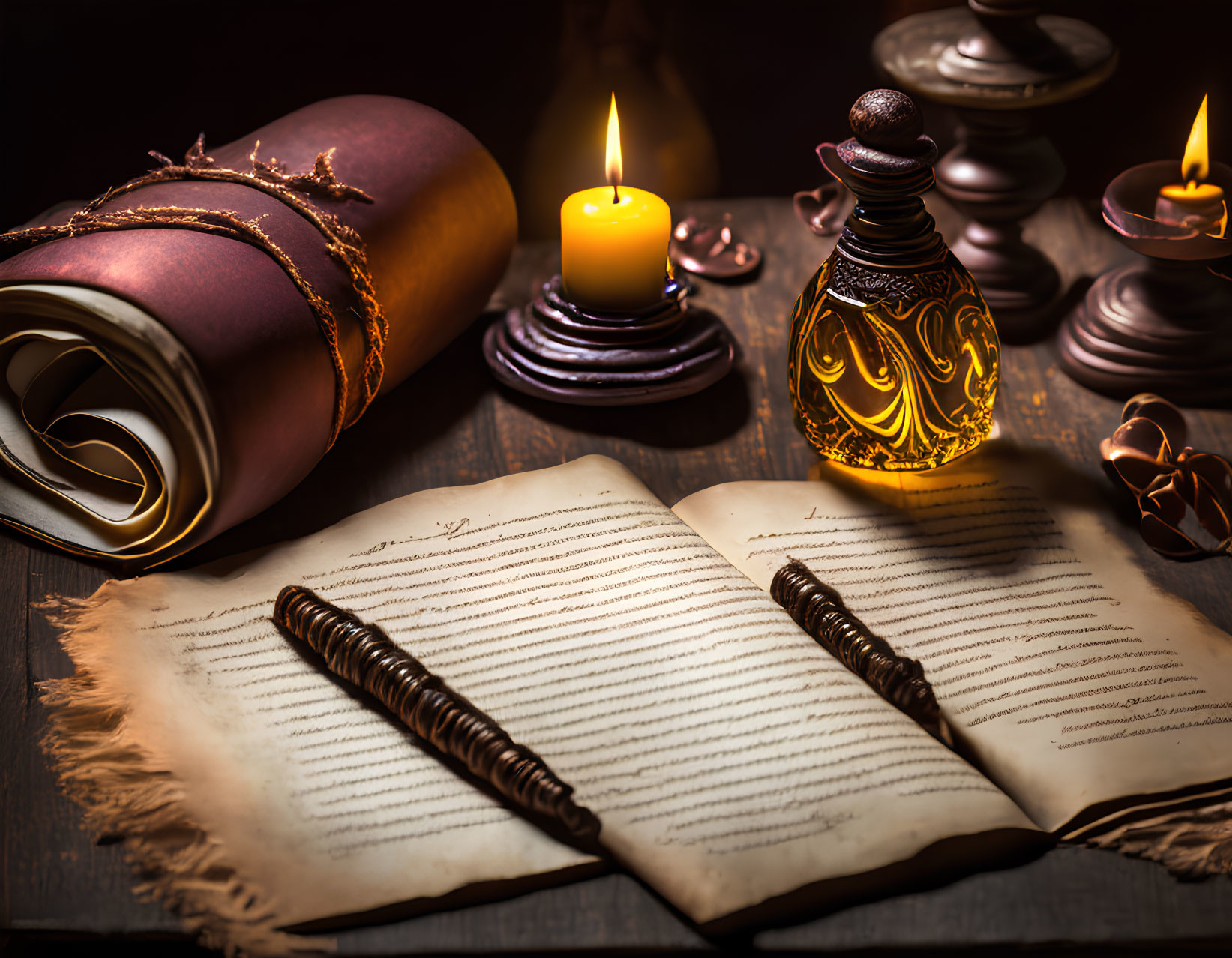 Vintage desk with open manuscript, quill, scroll, inkwell, and candles.