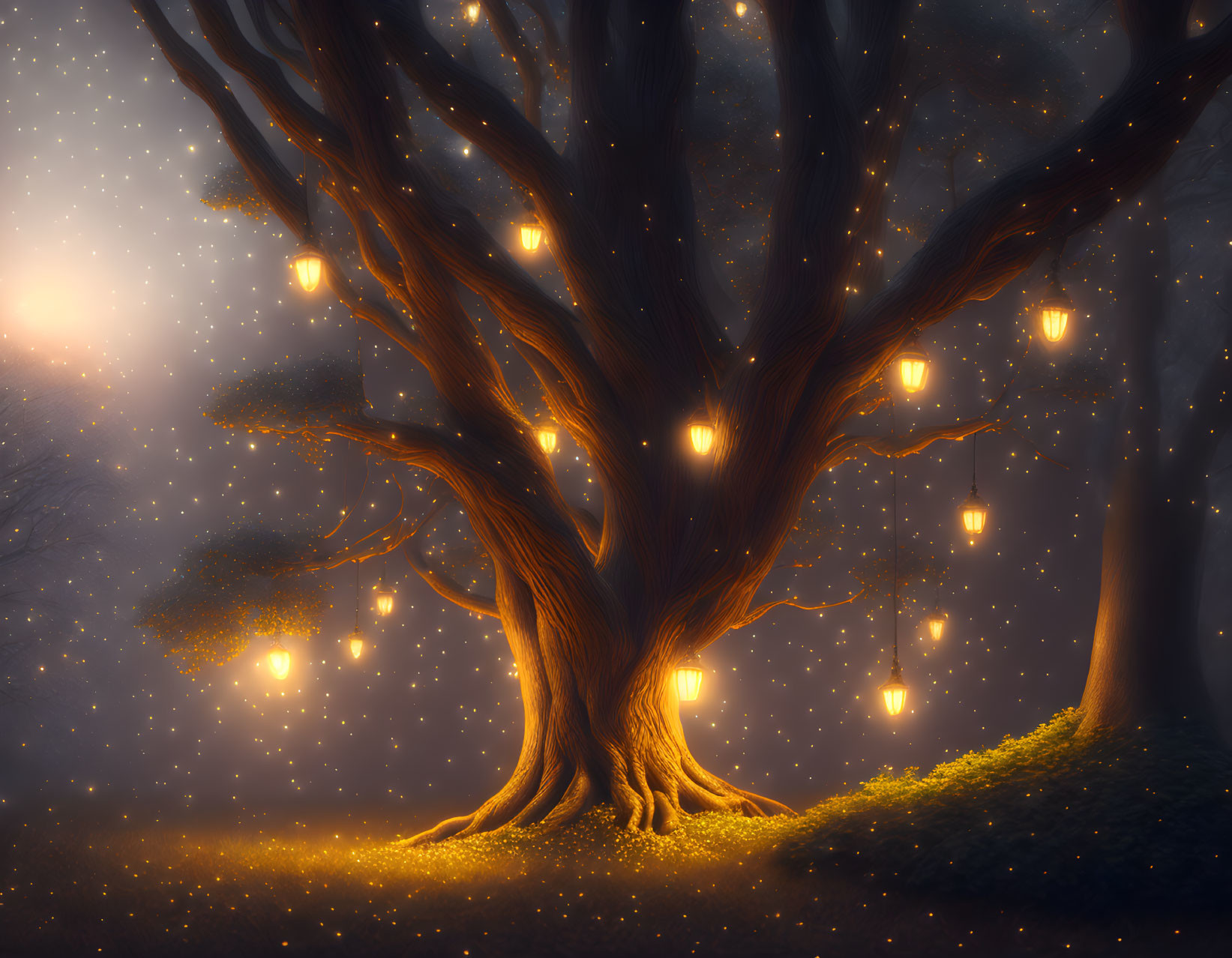 Mystical tree illuminated by lanterns in twilight forest