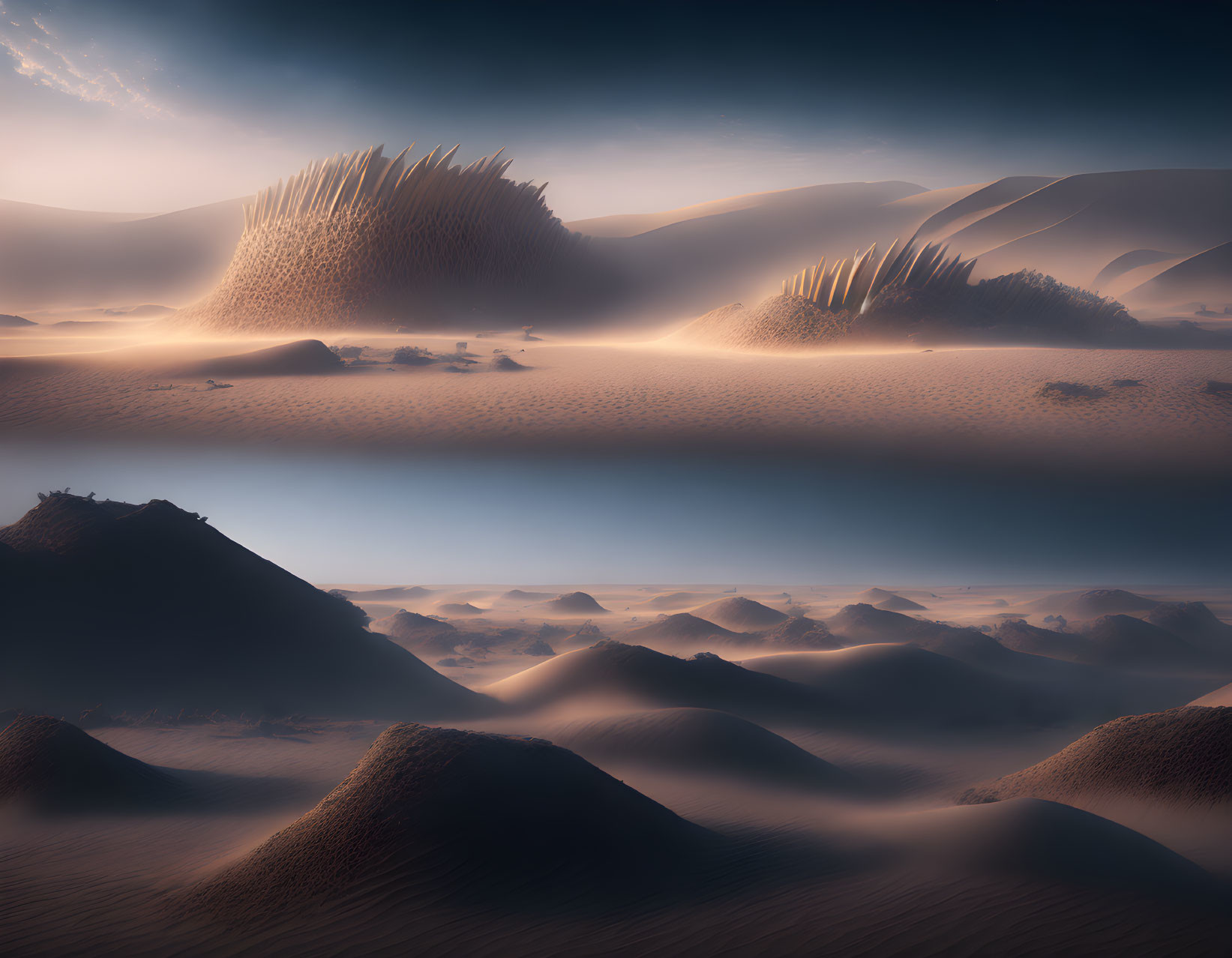 Surreal desert landscape with giant hedgehog-like rock formations