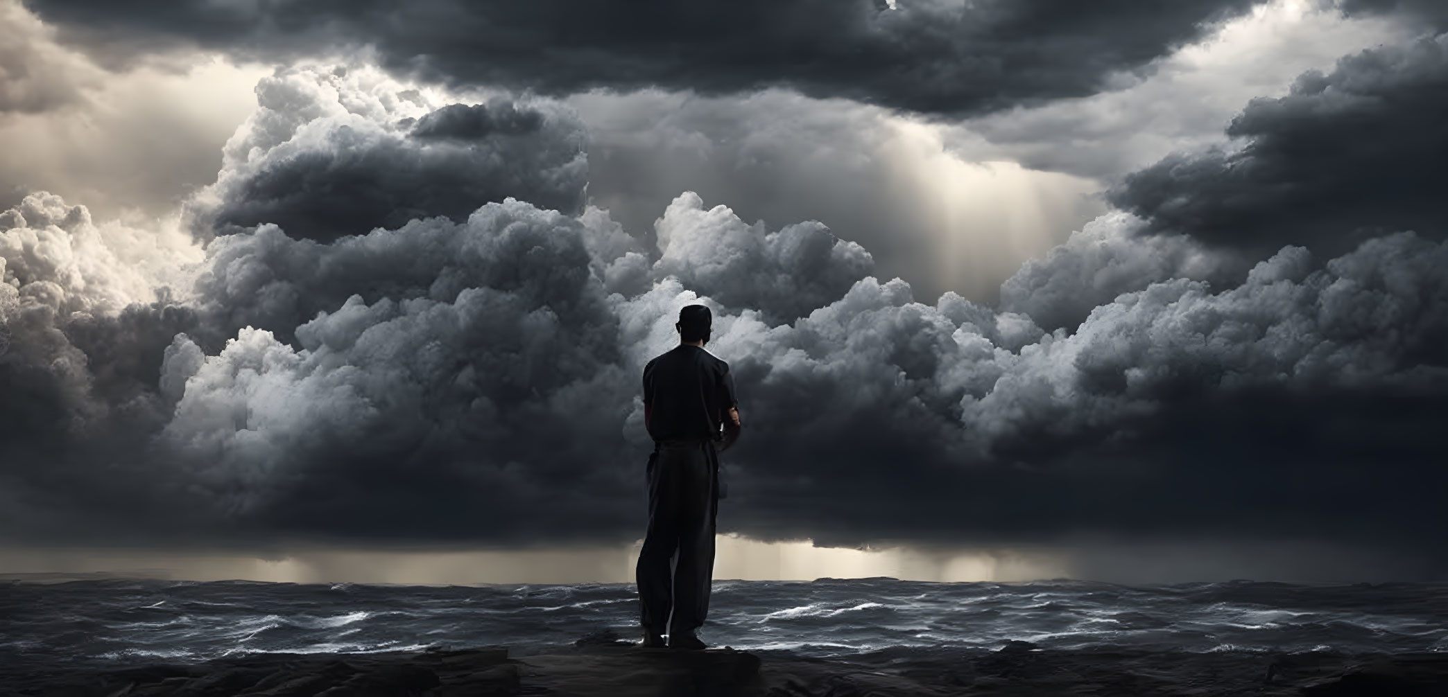 Solitary figure on rocky outcrop gazes at dramatic seascape