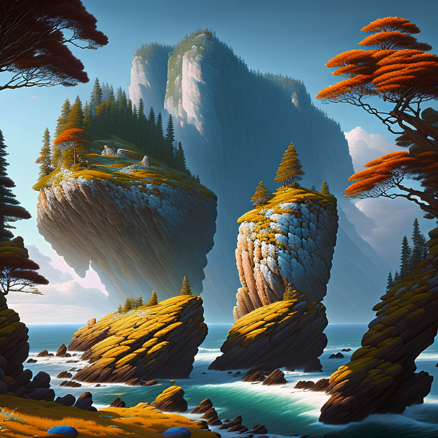 Fantastical landscape with towering cliffs and orange-leaved trees by turquoise sea