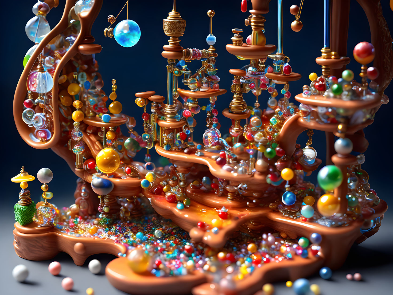 Fantasy machine with glossy orbs, beads, and cogs in caramel-like substance