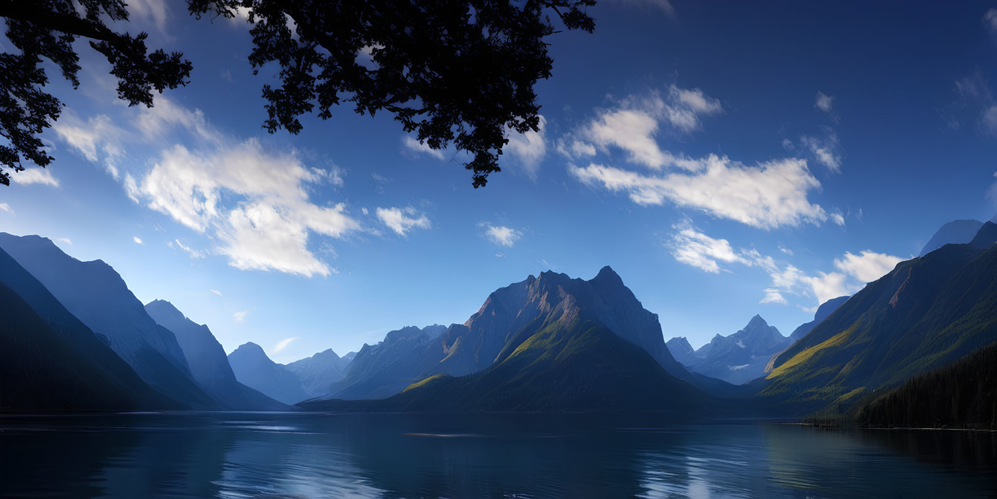 Mountainous Lakeside Sunset Landscape with Silhouetted Trees