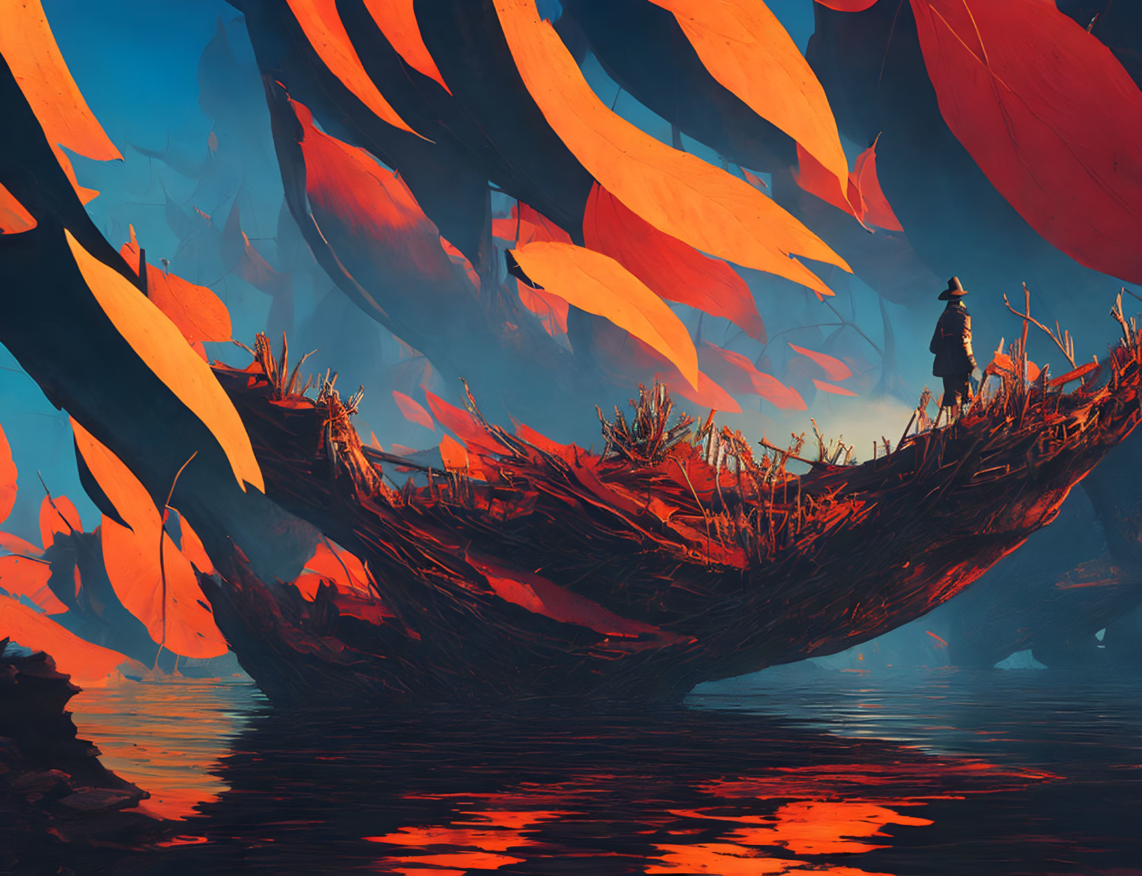 Person standing on boat in surreal fiery landscape with red leaves and reflections