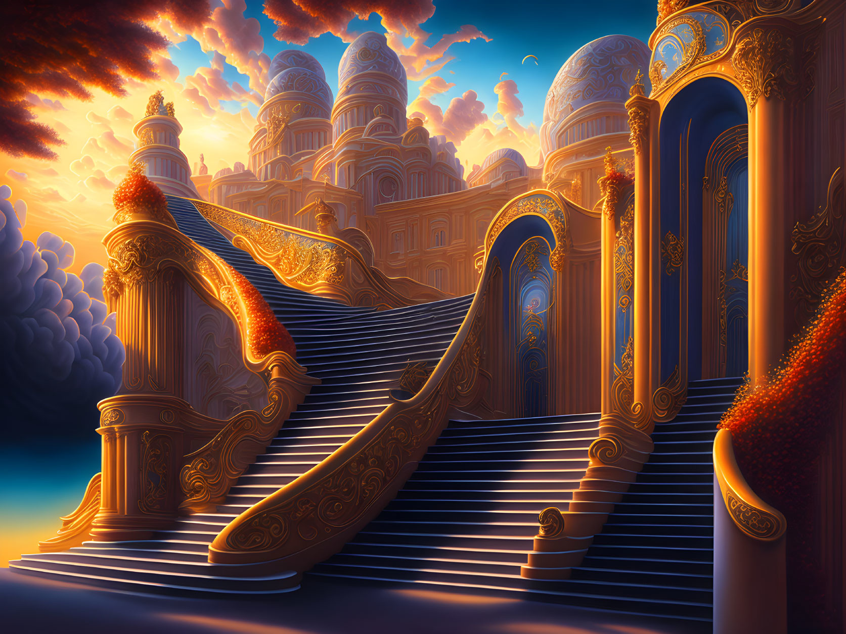 Golden staircase leading to ornate palace under vibrant sunset sky