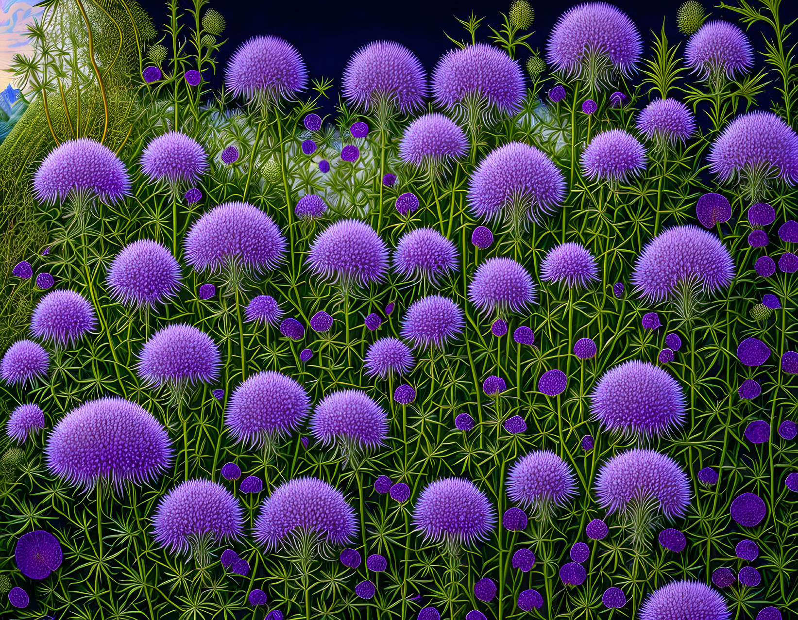 Purple allium flowers and green foliage under night sky