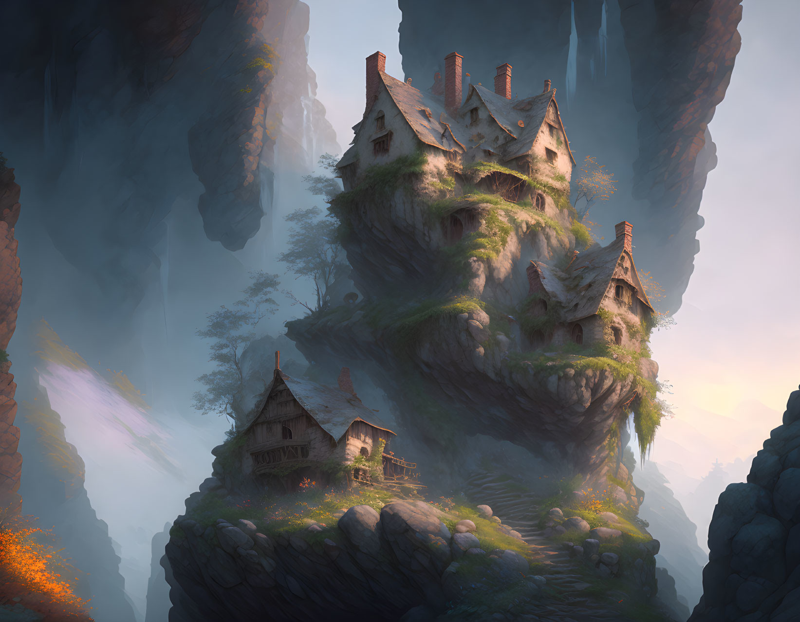 Fantasy artwork: Enchanting floating island with misty cliffs.